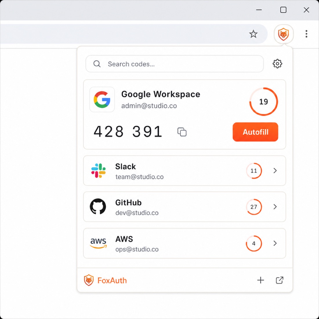 Fox Auth Chrome extension autofilling a two-factor code on a login page